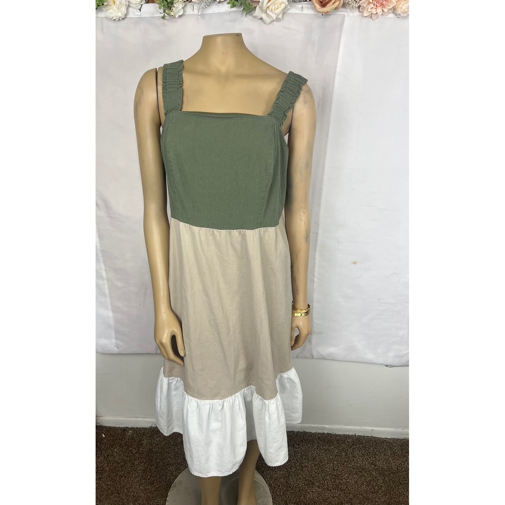 52seven Colorblock Midi Dress 1X Olive Green Tan White Smocked Back Ruffle Hem